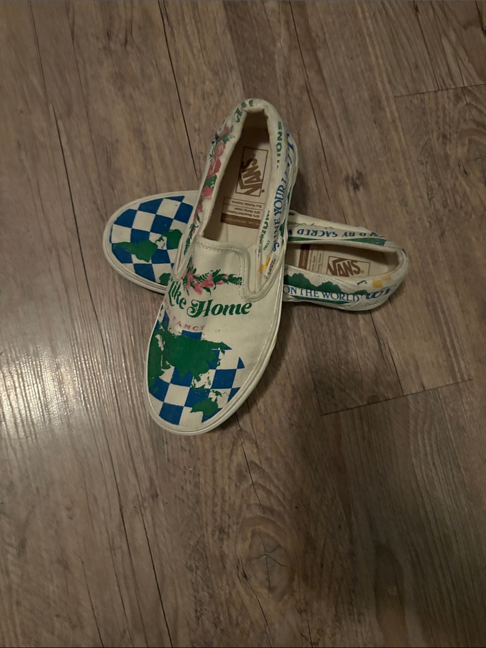 Vans Cream Slip-On Sneakers with Green Globe & Blue Checker Accents
